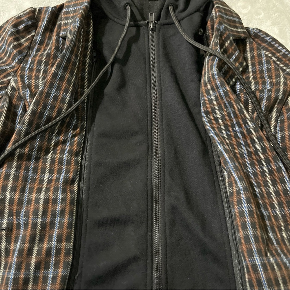 LIVERPOOL Women M Blazer Jacket Removable Hoodie Brown Tan Blue Plaid New Defect - Picture 5 of 16
